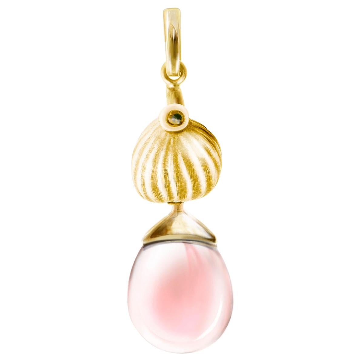 Yellow Gold Drop Pendant Necklace with Rose Quartz by the Artist For Sale