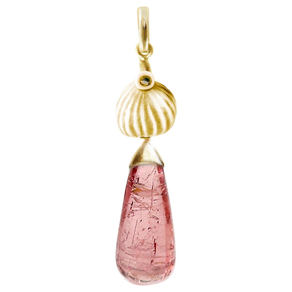 18 Karat Yellow Gold Drop Pendant Necklace with Pink Tourmaline and Diamond For Sale