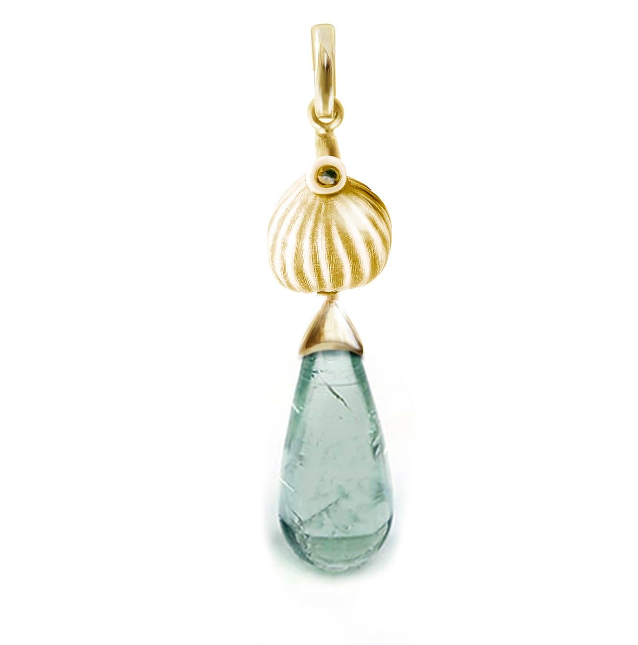 This contemporary drop Pendant Necklace is made of 18 karat yellow gold with 15.5x6 mm (4.36 carats) natural light sky blue tourmaline and round diamond. The Fig collection was featured in Vogue UA review. It was designed by the artist and oil