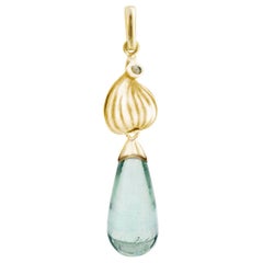 Eighteen Karat Yellow Gold Drop Pendant Necklace with Tourmaline and Diamond