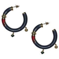 18 Karat Yellow Gold Earrings Blu Enameled and Red