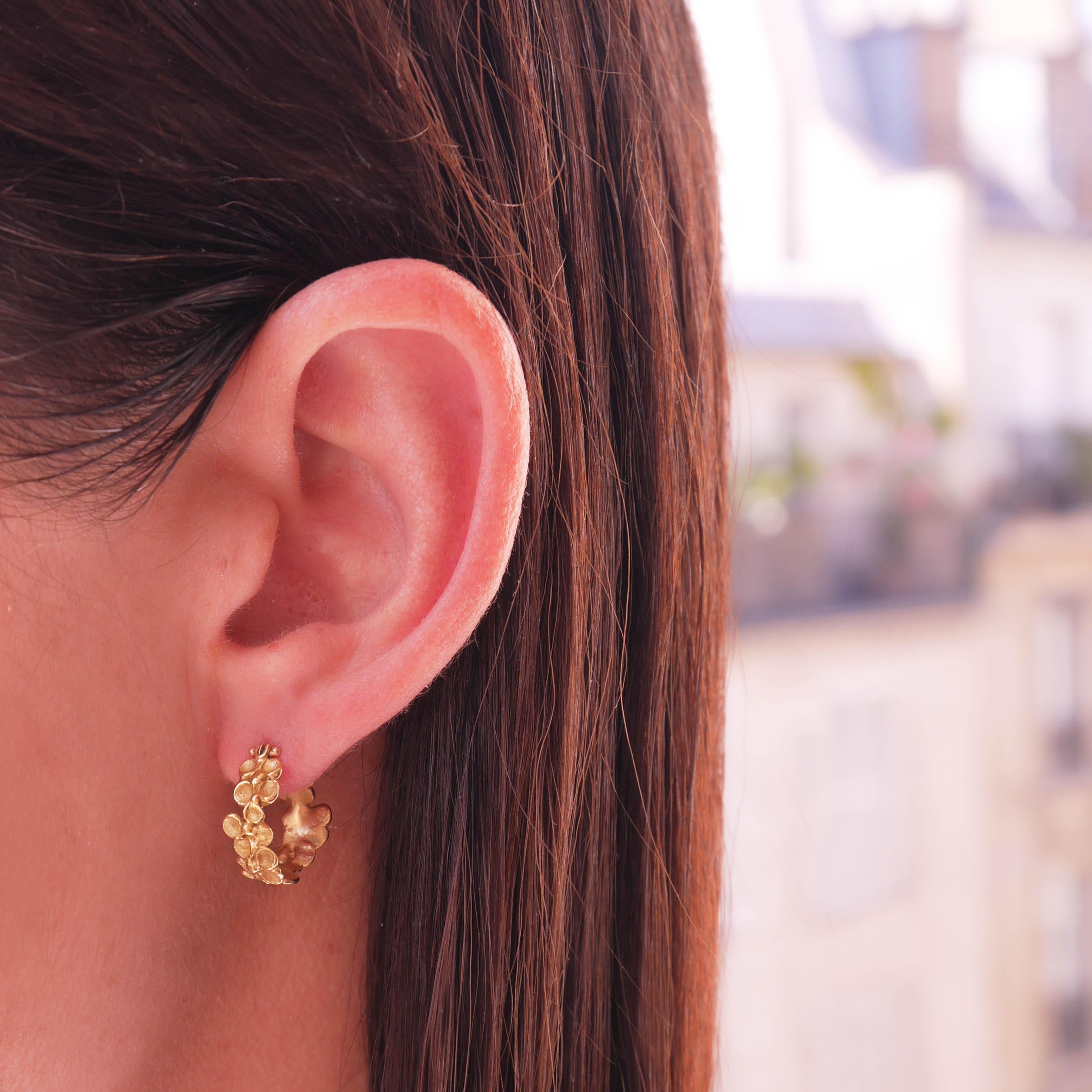 Meticulously crafted earrings made in 18 Karat yellow gold for pierced ears. Their weight is 4 grams approximately. 
The craftsmanship is entirely hand made with great care, in my Parisian atelier, therefore the pieces, the settings, and the stones