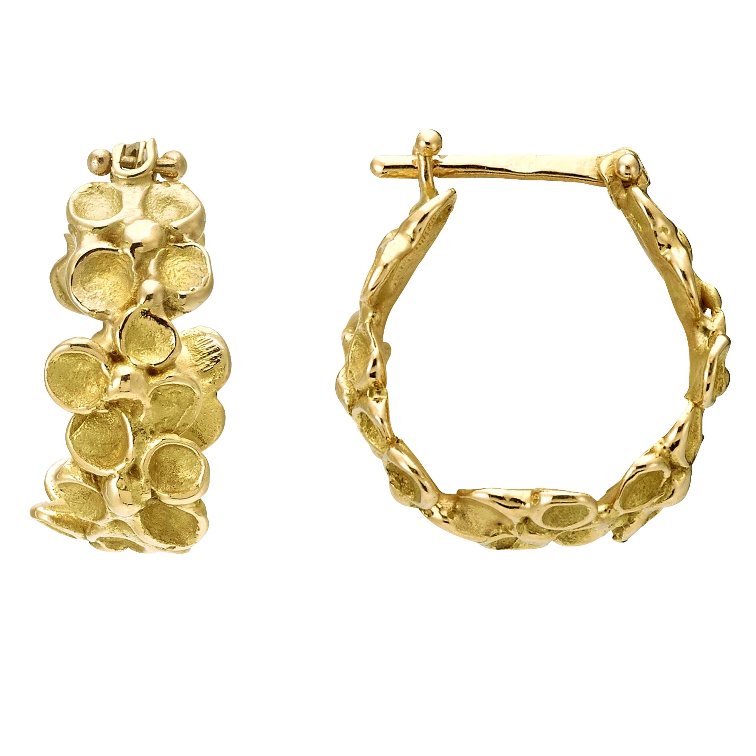 Anais Rheiner 18 Karat Yellow Gold Textured Flower Hoop Earrings For Sale