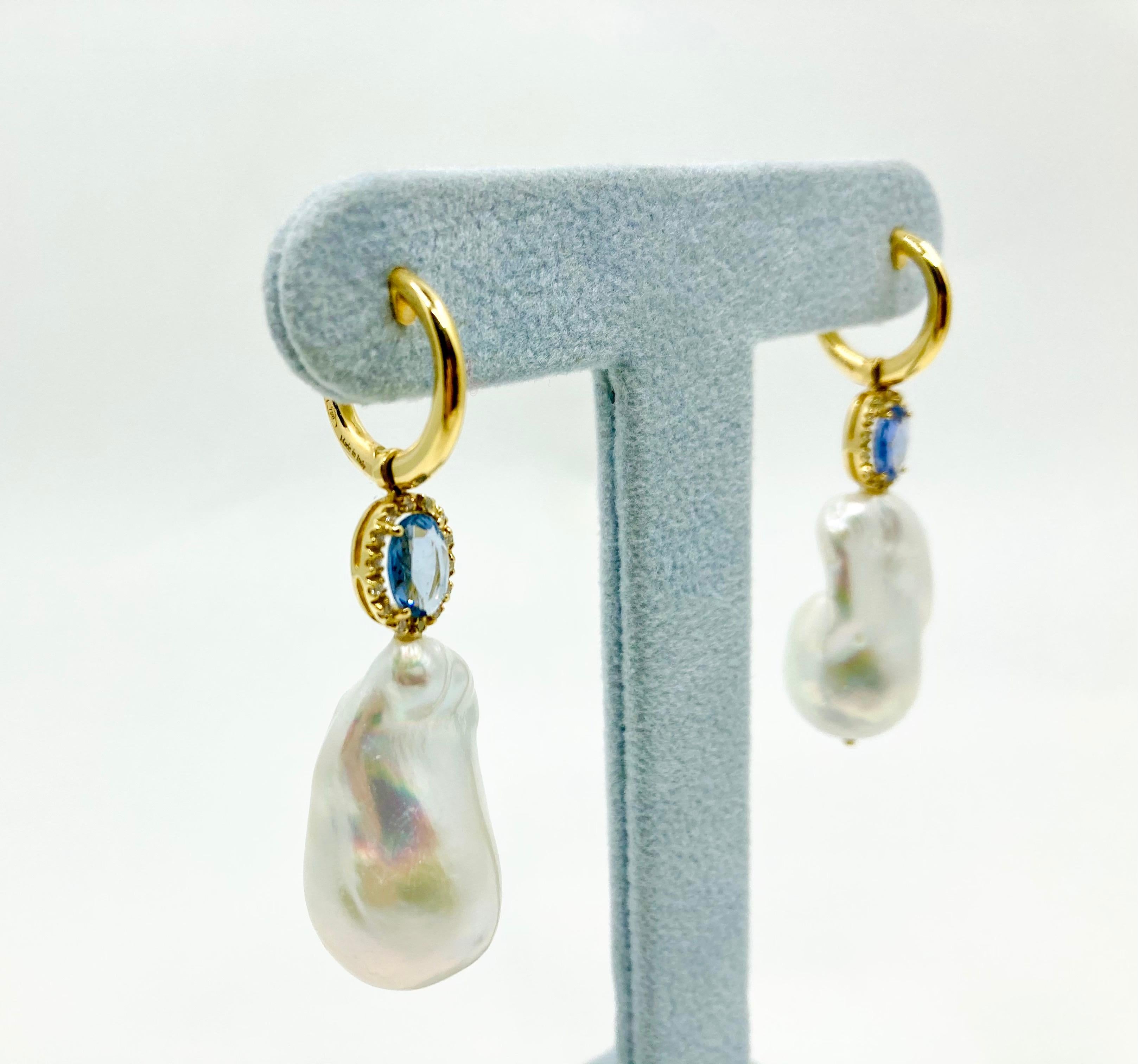 Modern 18 Karat Yellow Gold Baroque Pearls, Sapphires and Diamonds Italian earrings For Sale