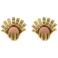 18 Karat Yellow Gold Earrings with Diamonds and Angel Skin Coral