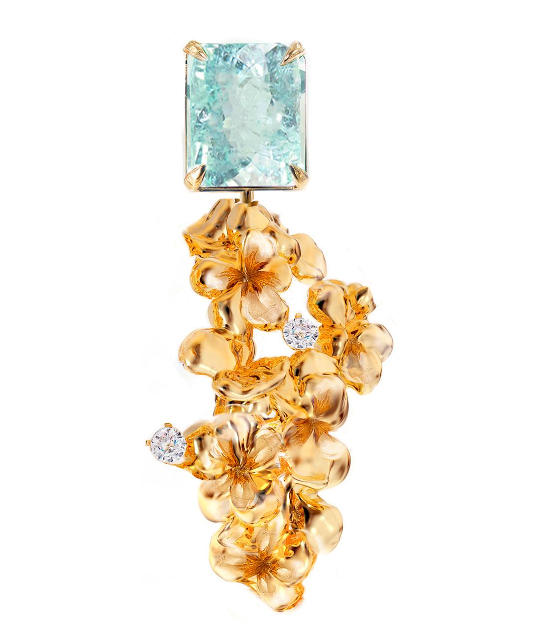 Eighteen Karat Yellow Gold Earrings with Diamonds and Paraiba Tourmalines For Sale 5