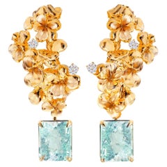 Boucles d'oreilles en or jaune 18 carats avec diamants et tourmalines Paraiba