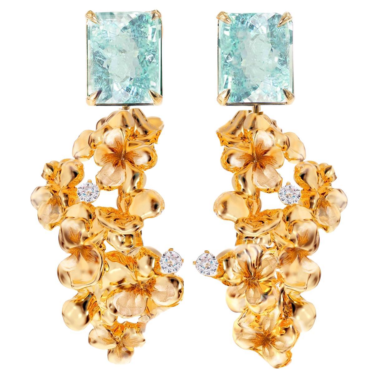 Eighteen Karat Yellow Gold Earrings with Diamonds and Paraiba Tourmalines For Sale