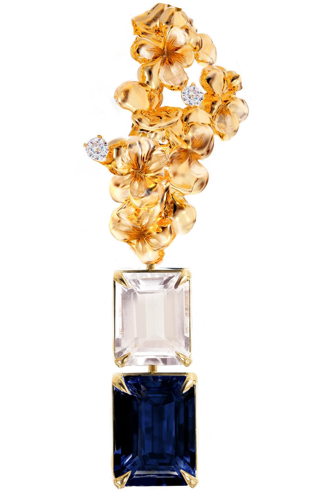 These contemporary 18 karat yellow gold Hortensia cocktail stud earrings are encrusted with round diamonds and sapphires and morganites. This jewellery collection was featured in Vogue UA review.
One earring is around 4 cm long. We use top natural