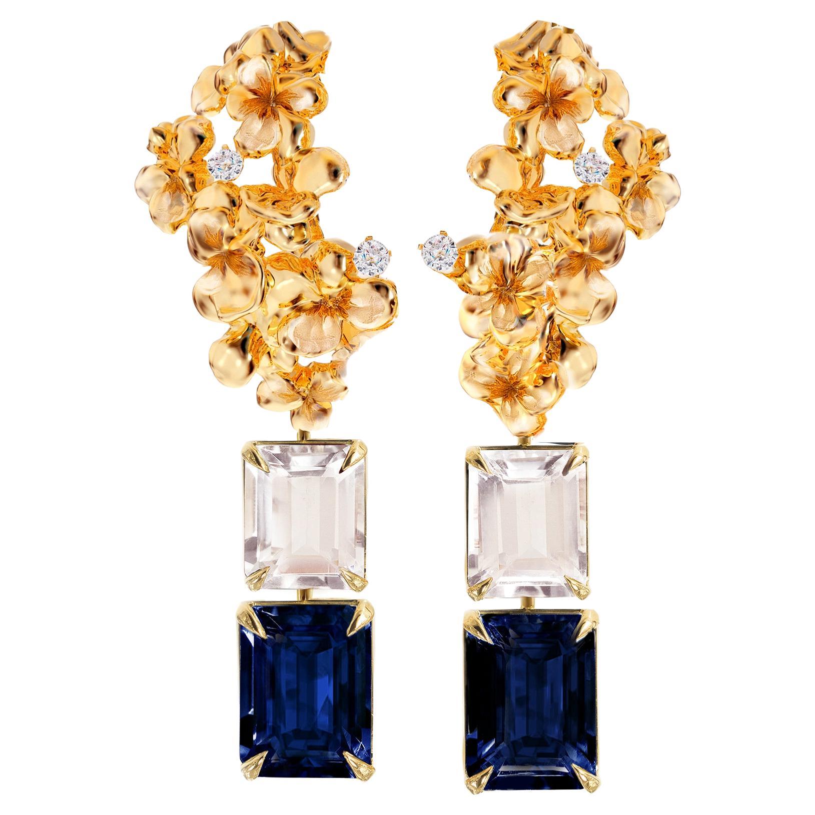 Morganites Eighteen Karat Yellow Gold Earrings with Diamonds and Sapphires For Sale