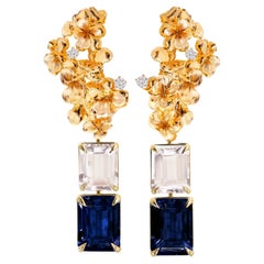 Used Morganites Eighteen Karat Yellow Gold Earrings with Diamonds and Sapphires