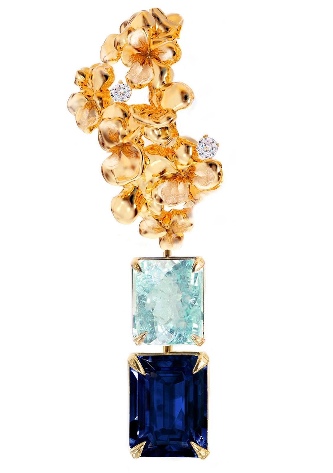 Sapphire Yellow Gold Earrings with Diamonds and Paraiba Tourmalines For Sale 3