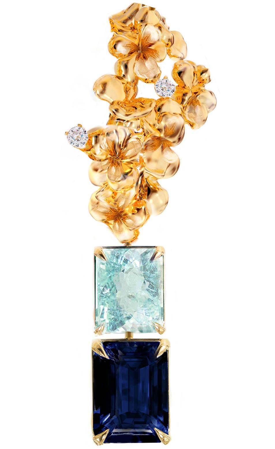 These contemporary 18 karat yellow gold Hortensia cocktail dangle earrings are encrusted with round diamonds and detachable sapphires and paraiba tourmalines. This jewellery collection was featured in Vogue UA review.
One earring is around 4 cm