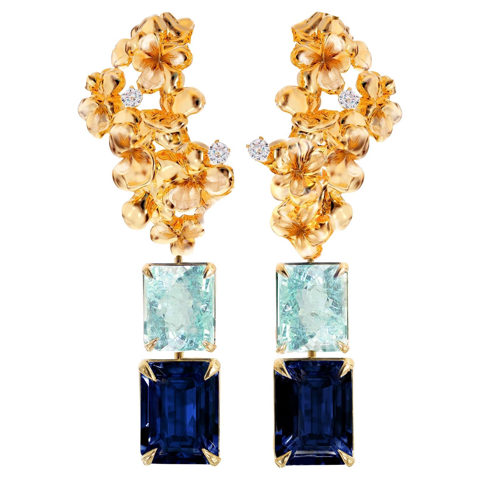 Sapphire Yellow Gold Earrings with Diamonds and Paraiba Tourmalines For Sale
