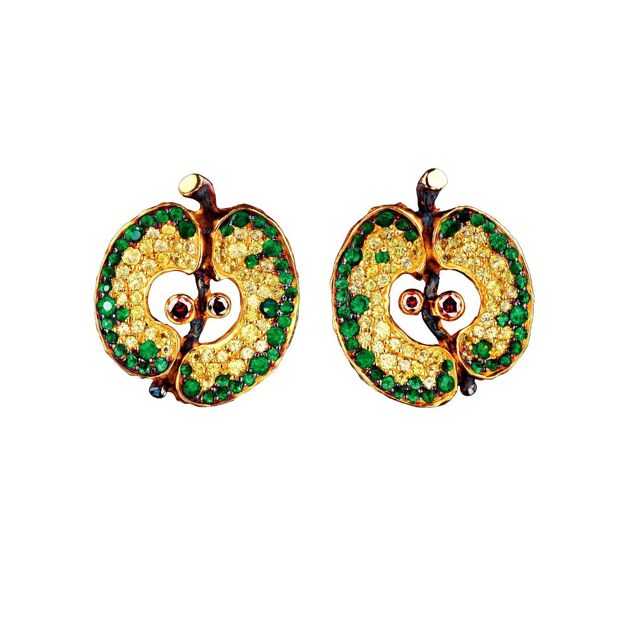 18 Karat Yellow Gold Earrings with Diamonds Tsavorites and Yellow Sapphires For Sale
