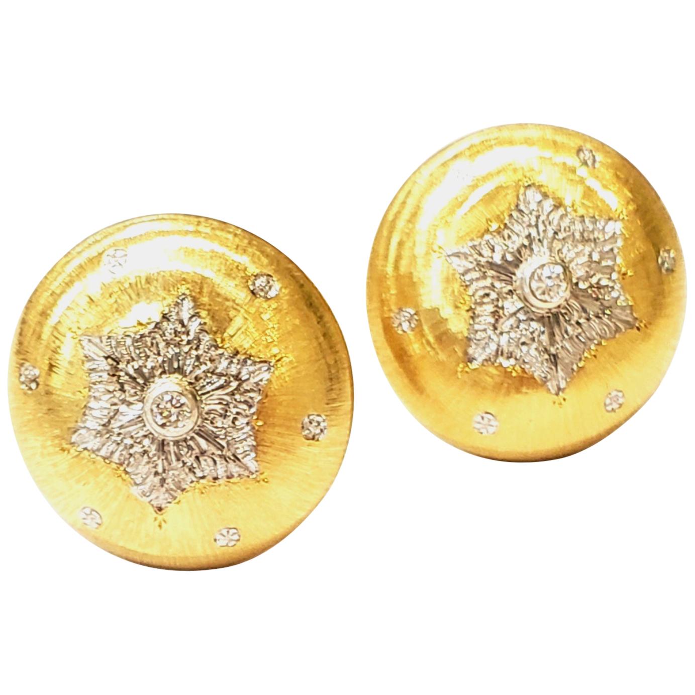 18 Karat Yellow Gold Earrings with Engraved Snowflake Design and Diamond Centers For Sale