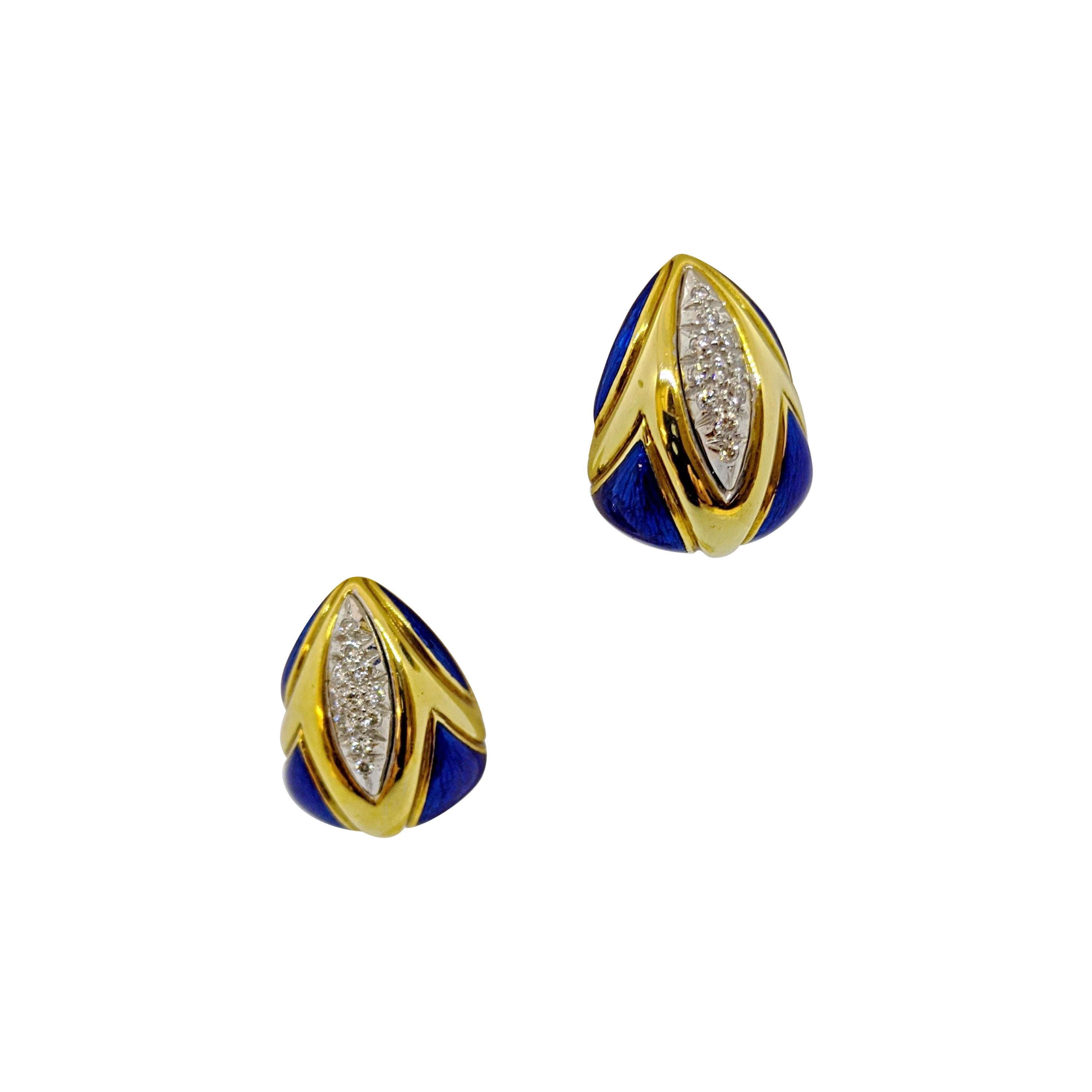 18 Karat Yellow Gold Earrings with Lapis and .45 Carat Diamonds For Sale