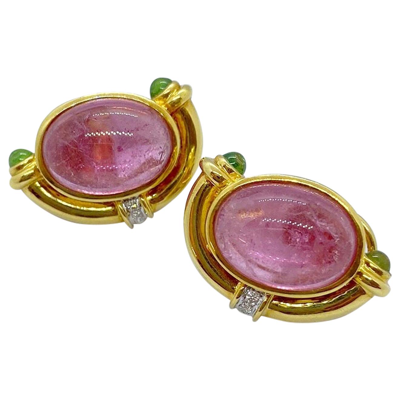 18 Karat Yellow Gold Earrings with Pink and Green Tourmaline, and Diamonds For Sale