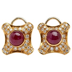 18 Karat Yellow Gold Earrings with Rubelite and 1.35 Carat of White Diamonds