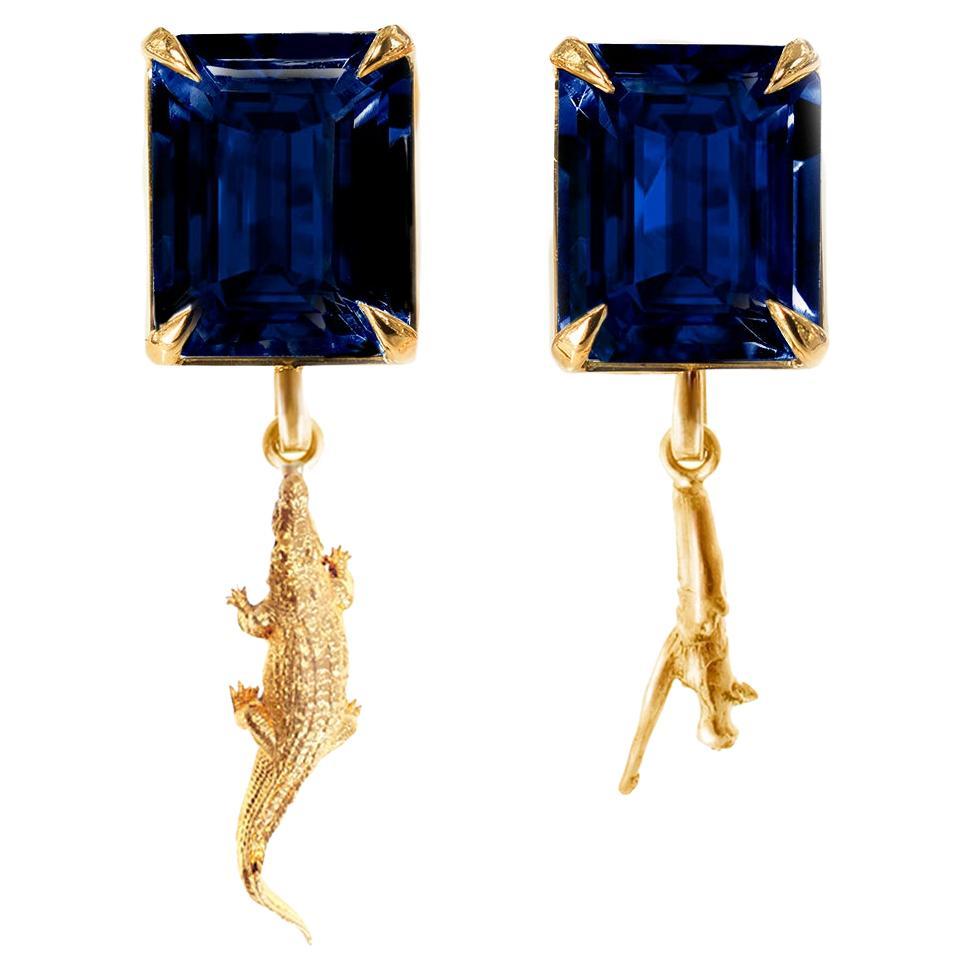 Eighteen Karat Yellow Gold Nature Morte Style Stud Earrings with Sapphires For Sale