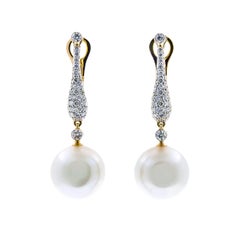 18 Karat Yellow Gold Earrings with White South Sea Pearl and 1.12 Carat Diamonds