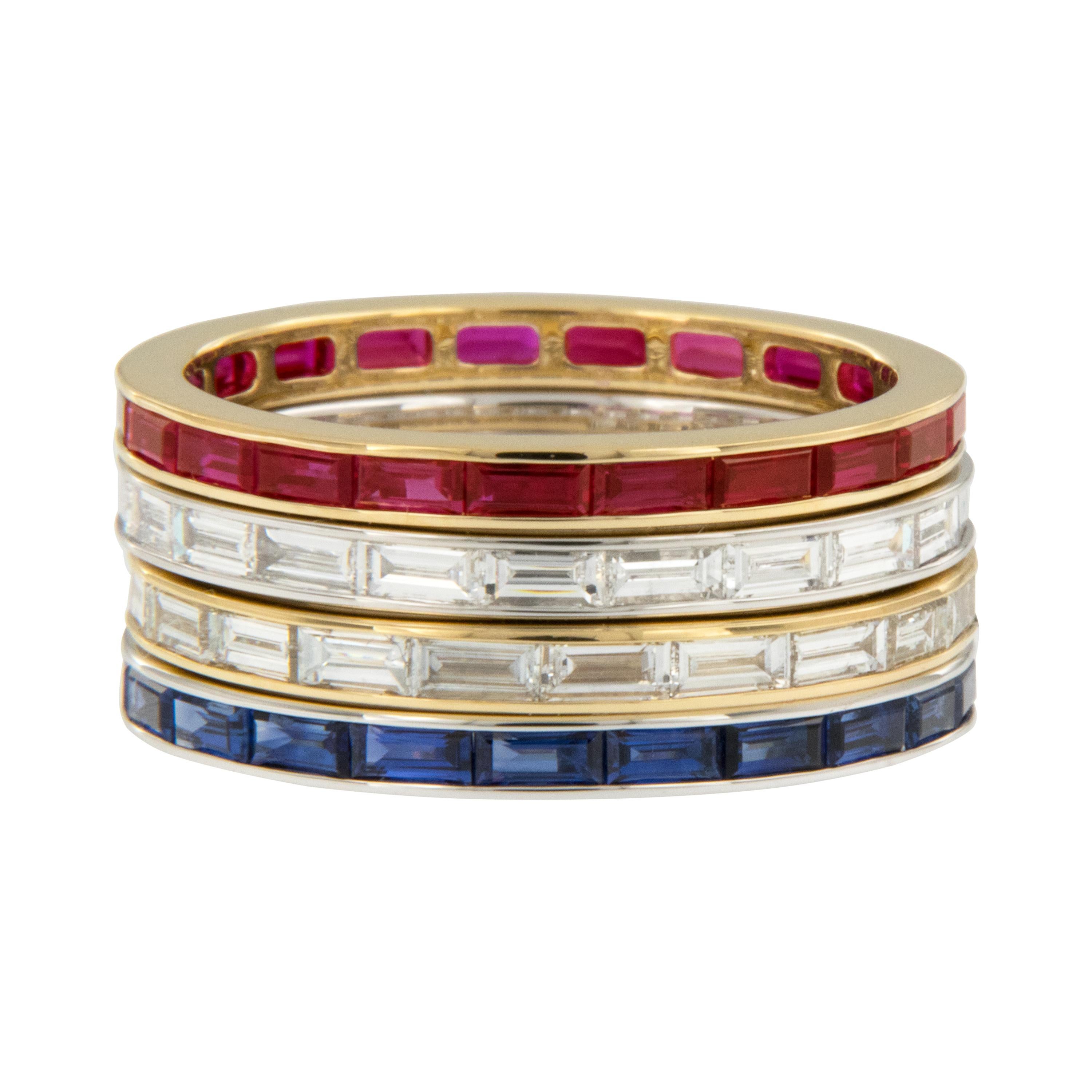 Baguette Cut 18 Karat Yellow Gold East-West Style Baguette Ruby Eternity Band Ring For Sale