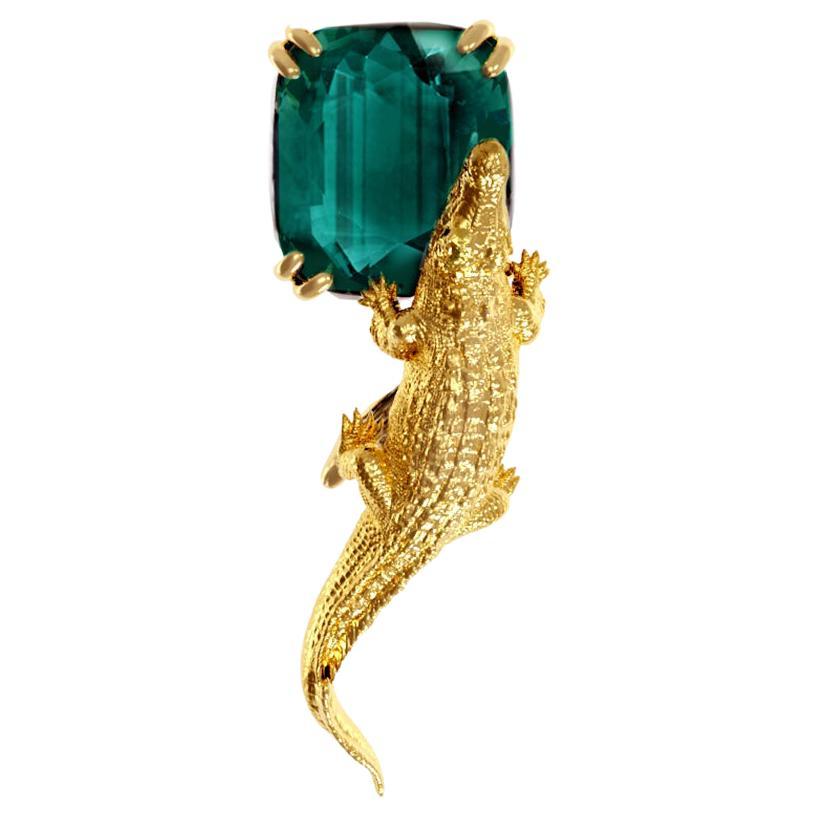 Eighteen Karat Yellow Gold Egyptian Revival Brooch with Indicolite Tourmaline For Sale