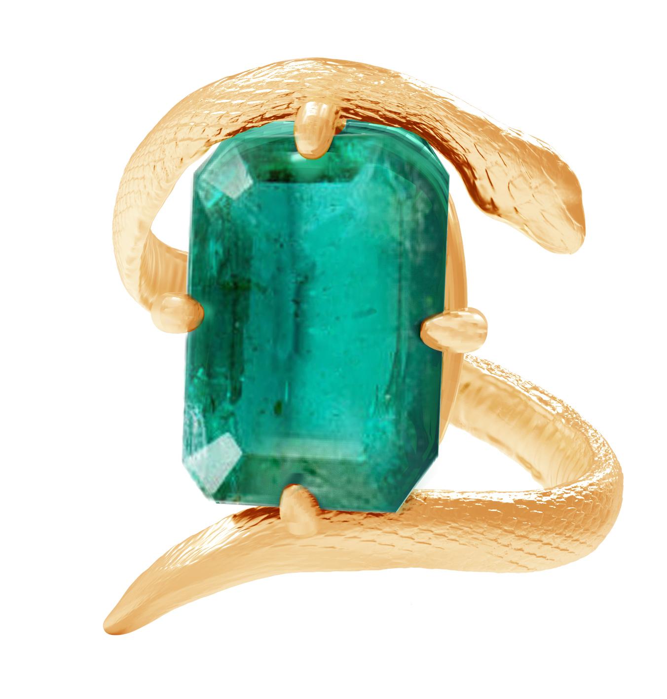 Women's or Men's Yellow Gold Egyptian Revival Ring with Three Carats Natural Emerald For Sale