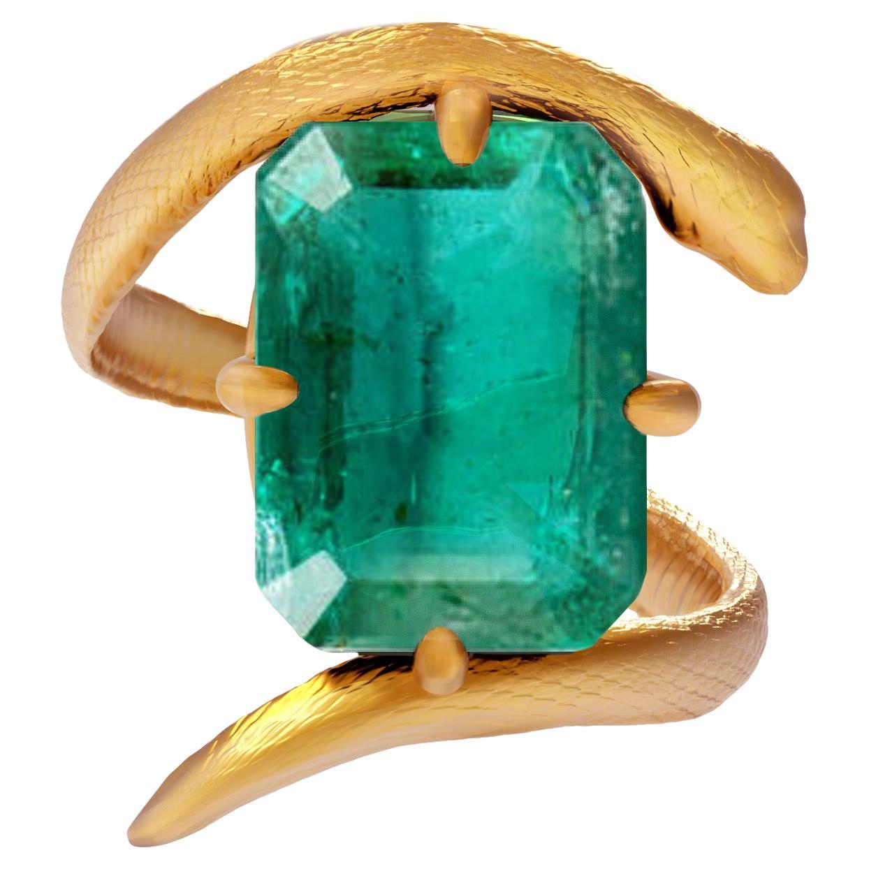 Yellow Gold Egyptian Revival Ring with Three Carats Natural Emerald