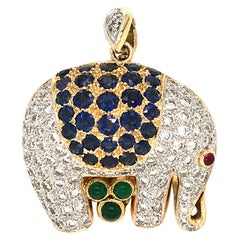 18 Karat Yellow Gold Elephant with Diamond and Sapphire Pin / Pendant