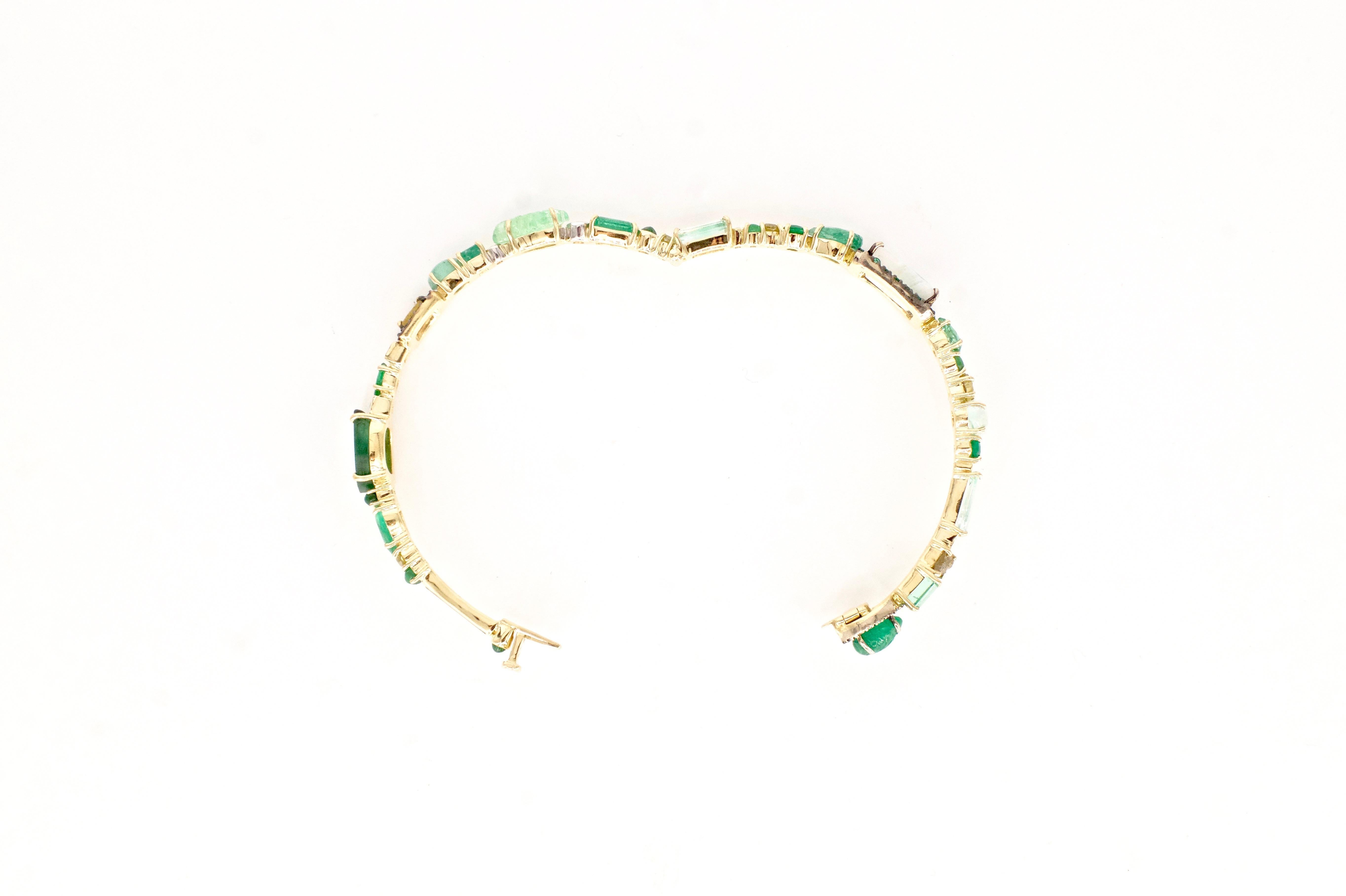 Women's or Men's 18 Karat Yellow Gold Emerald and Diamond Baby Bangle Bracelet