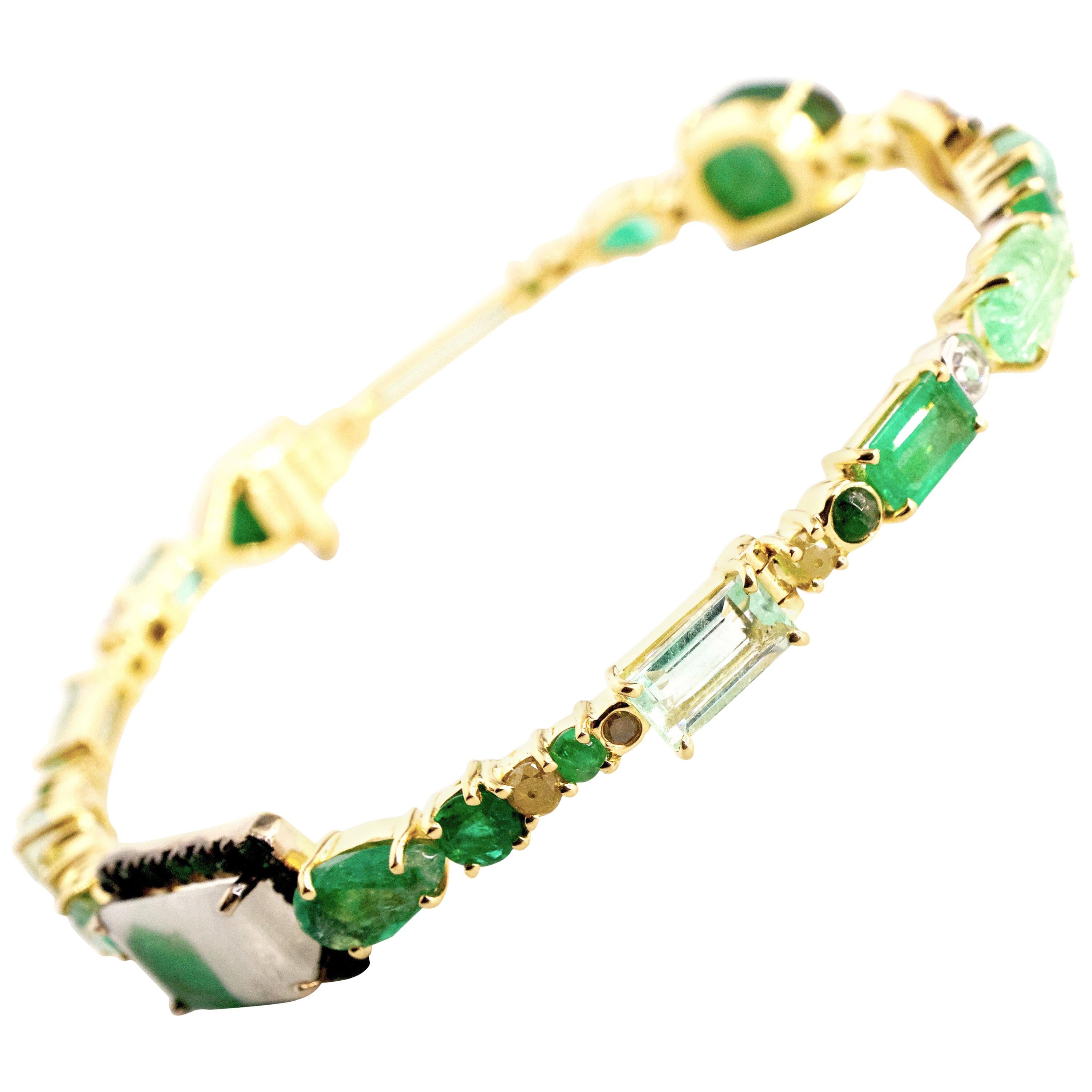 18 Karat Yellow Gold Emerald and Diamond Baby Bangle Bracelet
