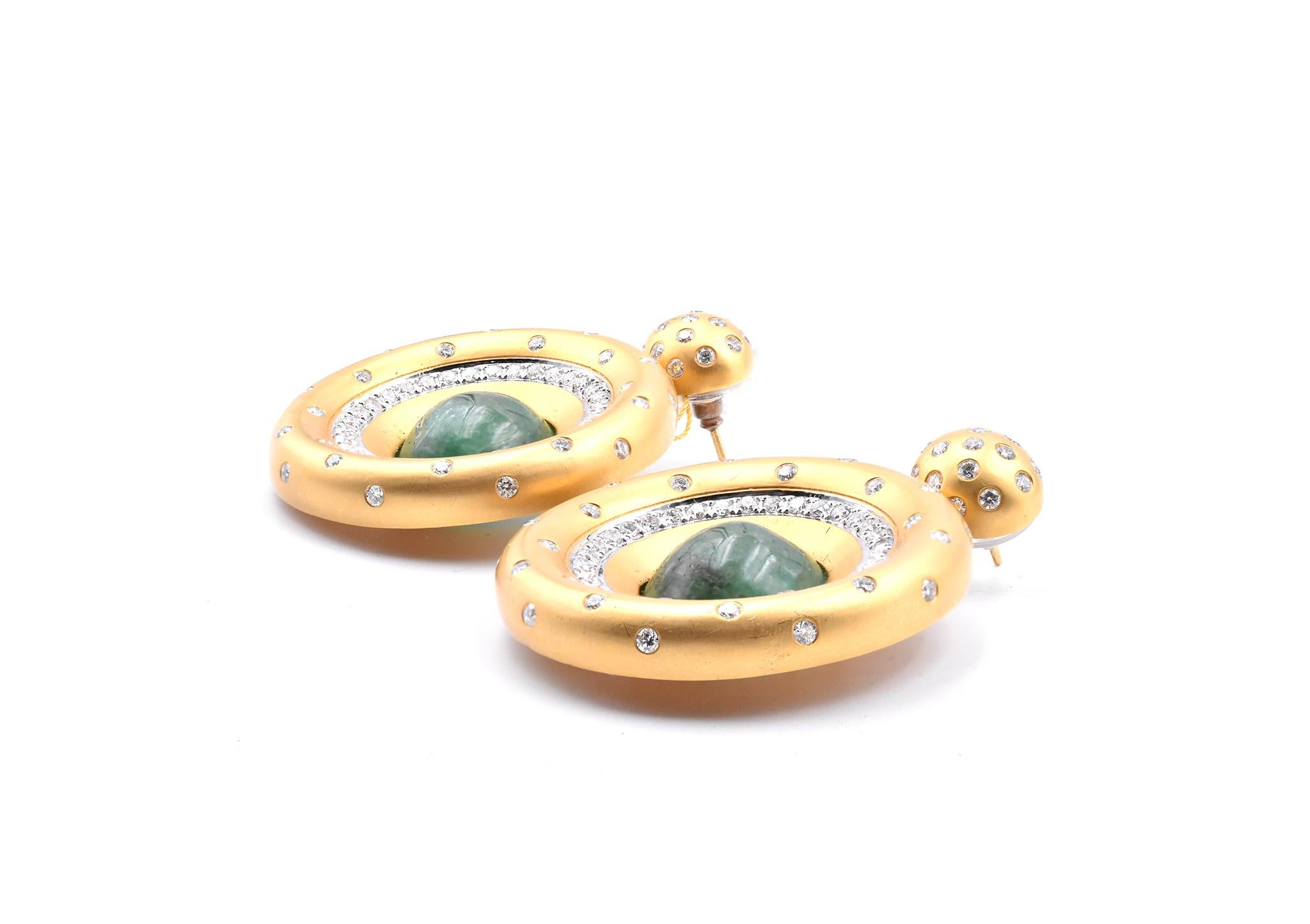 Round Cut 18 Karat Yellow Gold Emerald and Diamond Circle Drop Earrings For Sale