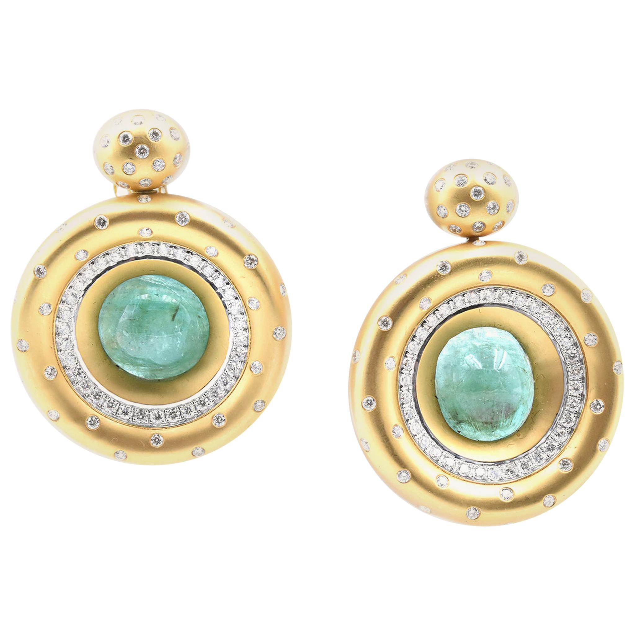 18 Karat Yellow Gold Emerald and Diamond Circle Drop Earrings For Sale