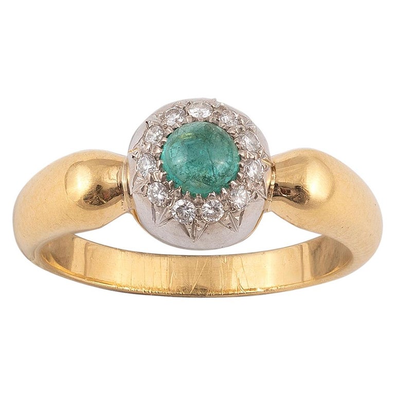 18 Karat Yellow Gold Emerald and Diamond Cluster Ring For Sale at 1stDibs
