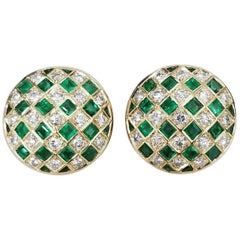 18 Karat Yellow Gold Emerald and Diamond Domed "Checkered" Earrings