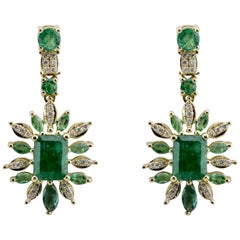 18 Karat Yellow Gold Emerald and Diamond Drop Earrings