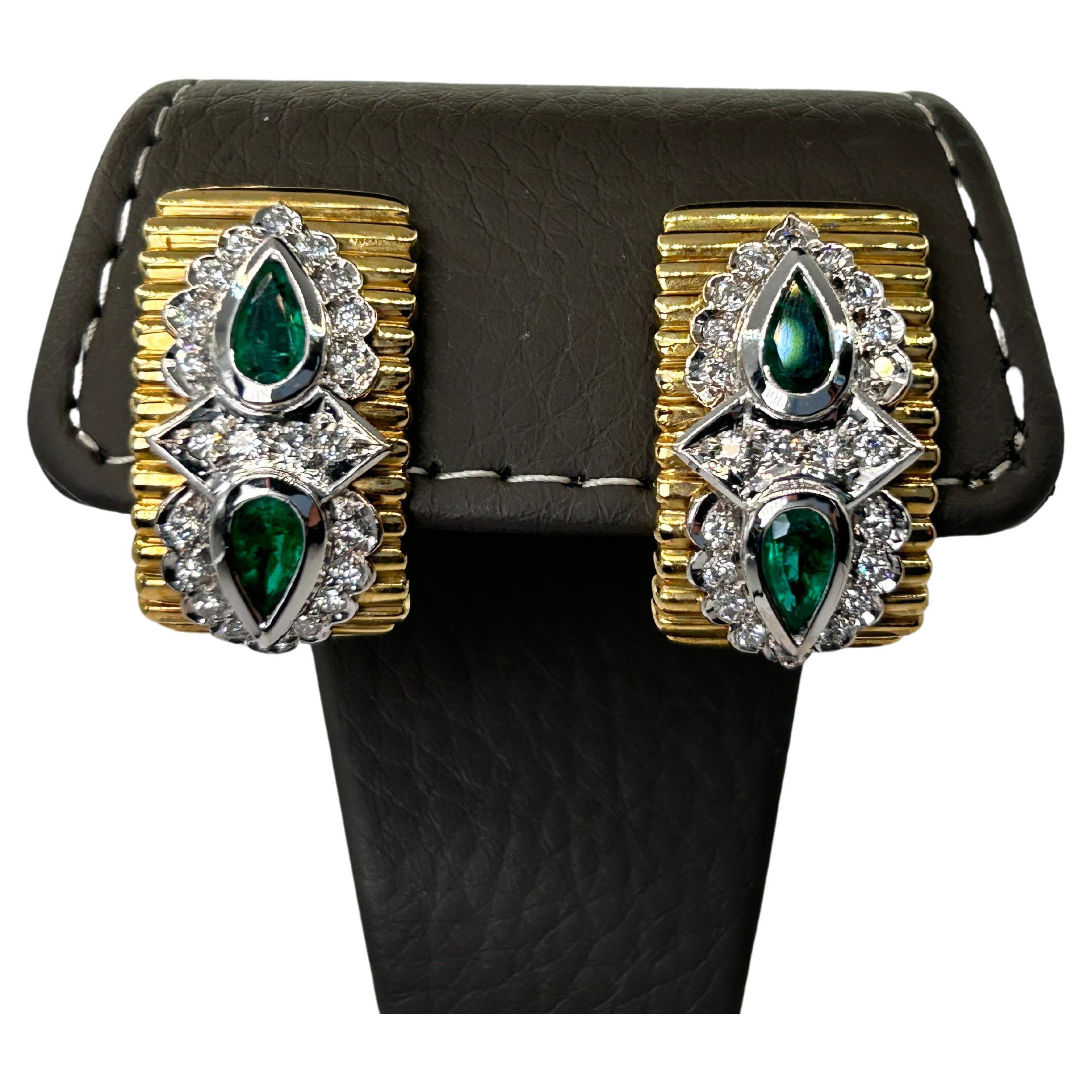 18 Karat Yellow Gold Emerald and Diamond Earrings
