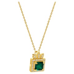 18 Karat Gelbgold Smaragd- und Diamant-Anhänger-Halskette
