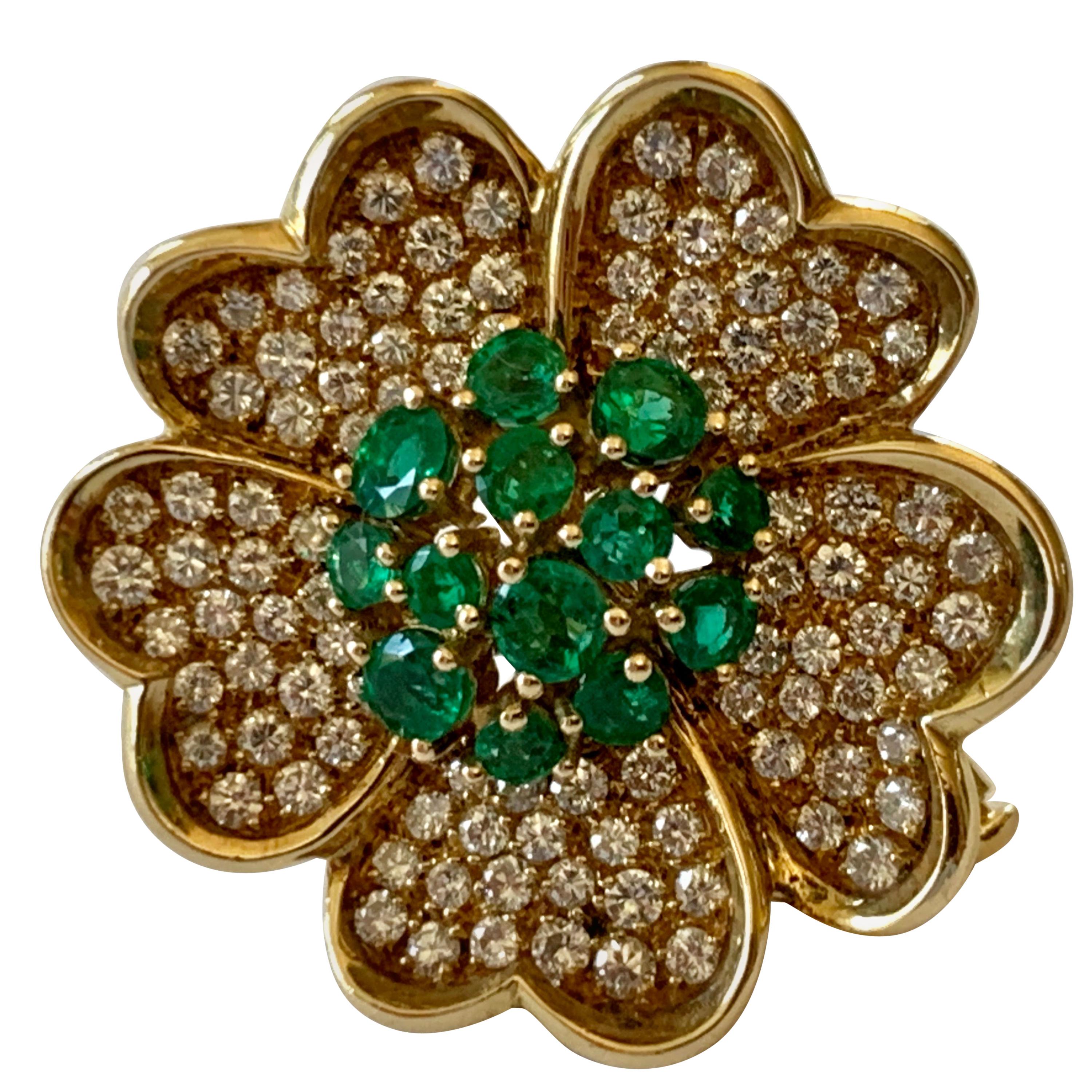 18 Karat Yellow Gold Emerald and Diamond Flower Brooch/Pendant For Sale