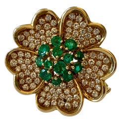 18 Karat Gelbgold Smaragd und Diamant Blume Brosche/Anhänger