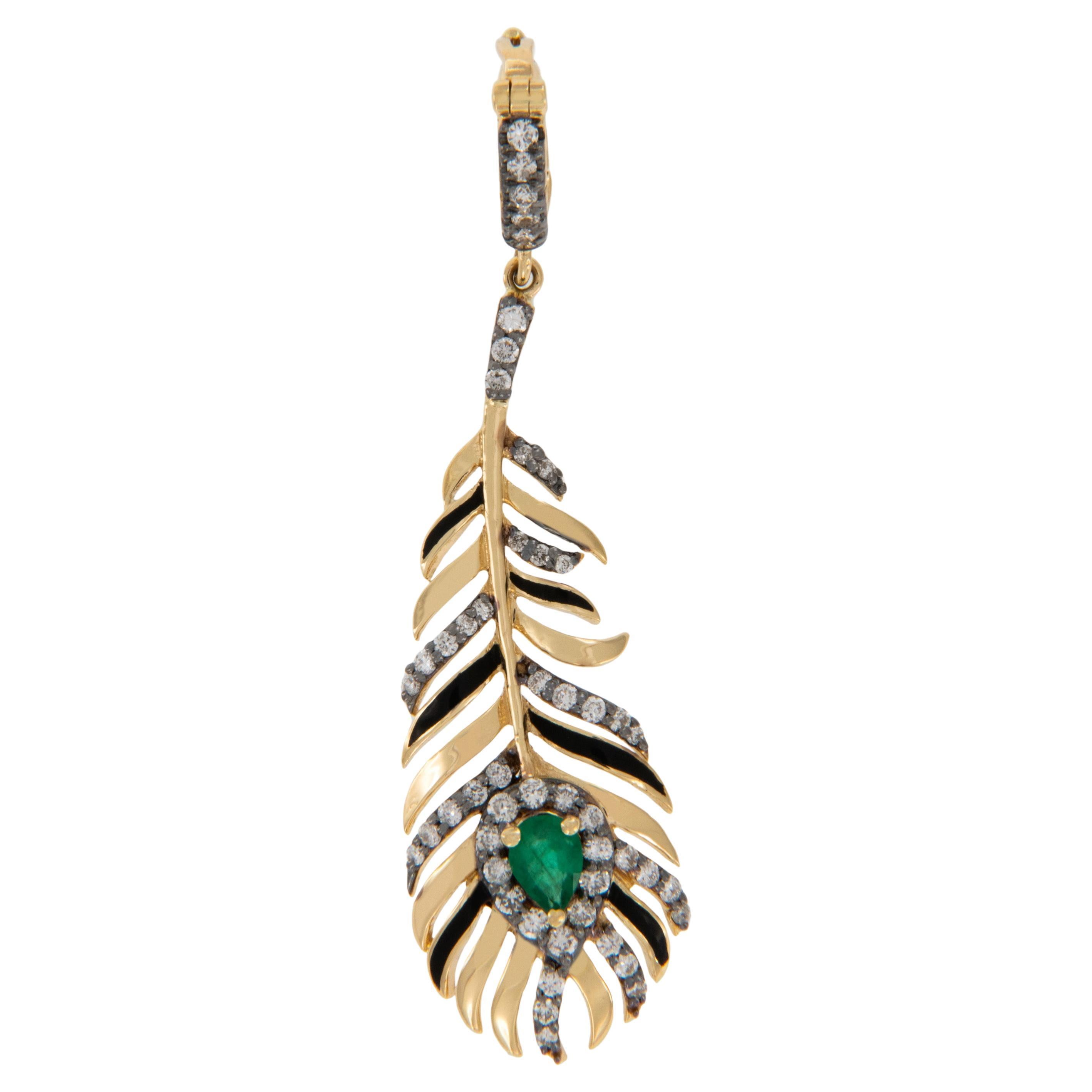 18 Karat Yellow Gold Emerald and Diamond Peacock Feather Pendant Charm For Sale