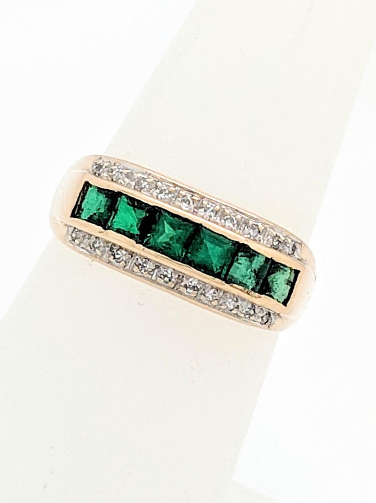18K Yellow Gold Emerald & Diamond Ring

You are viewing a beautiful emerald and diamond ring. The setting is crafted from 18k yellow gold and weighs 4.2 grams. It features (6) .125 natural princess cut emeralds and (20) .005ct natural round