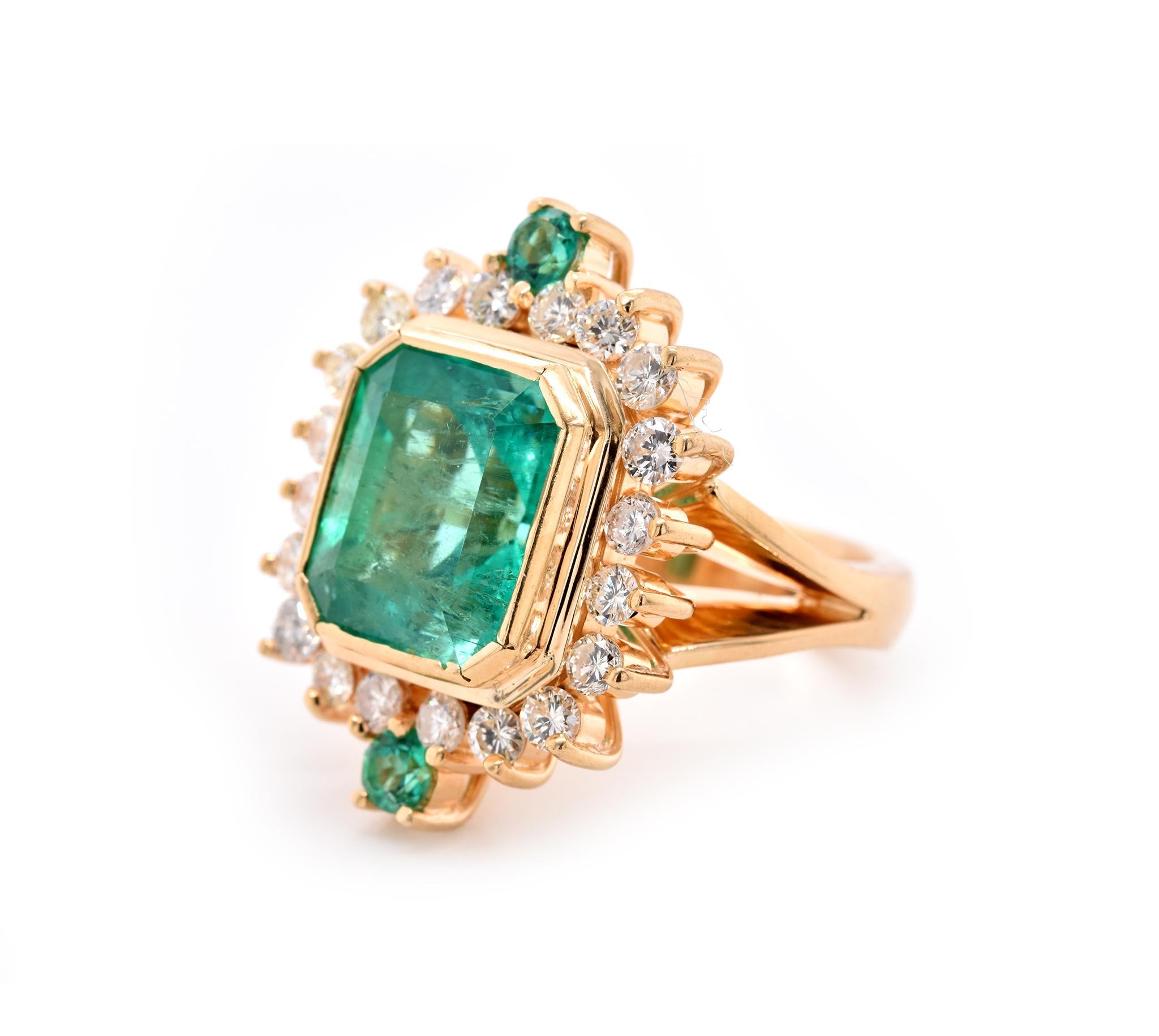 Emerald Cut 18 Karat Yellow Gold Emerald and Diamond Ring For Sale