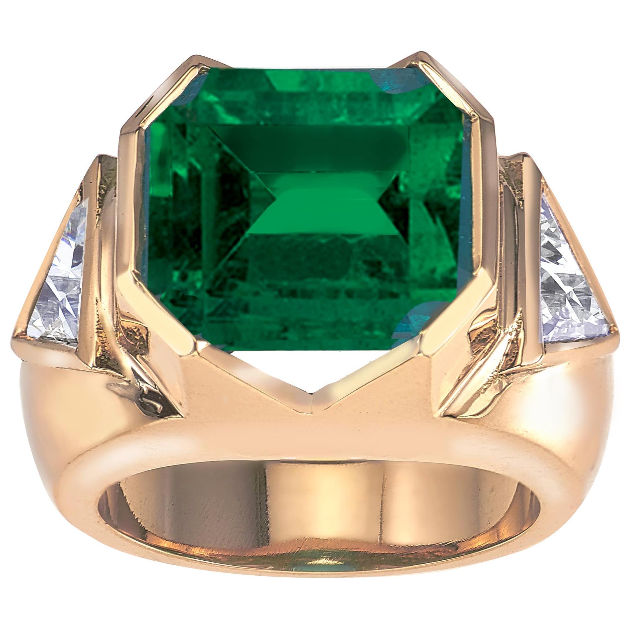 18K Yellow Gold, 8.41 CT Colombian Emerald and Diamond Special Ring For Sale