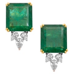 18 Karat Yellow Gold Emerald and Diamond Stud Earrings