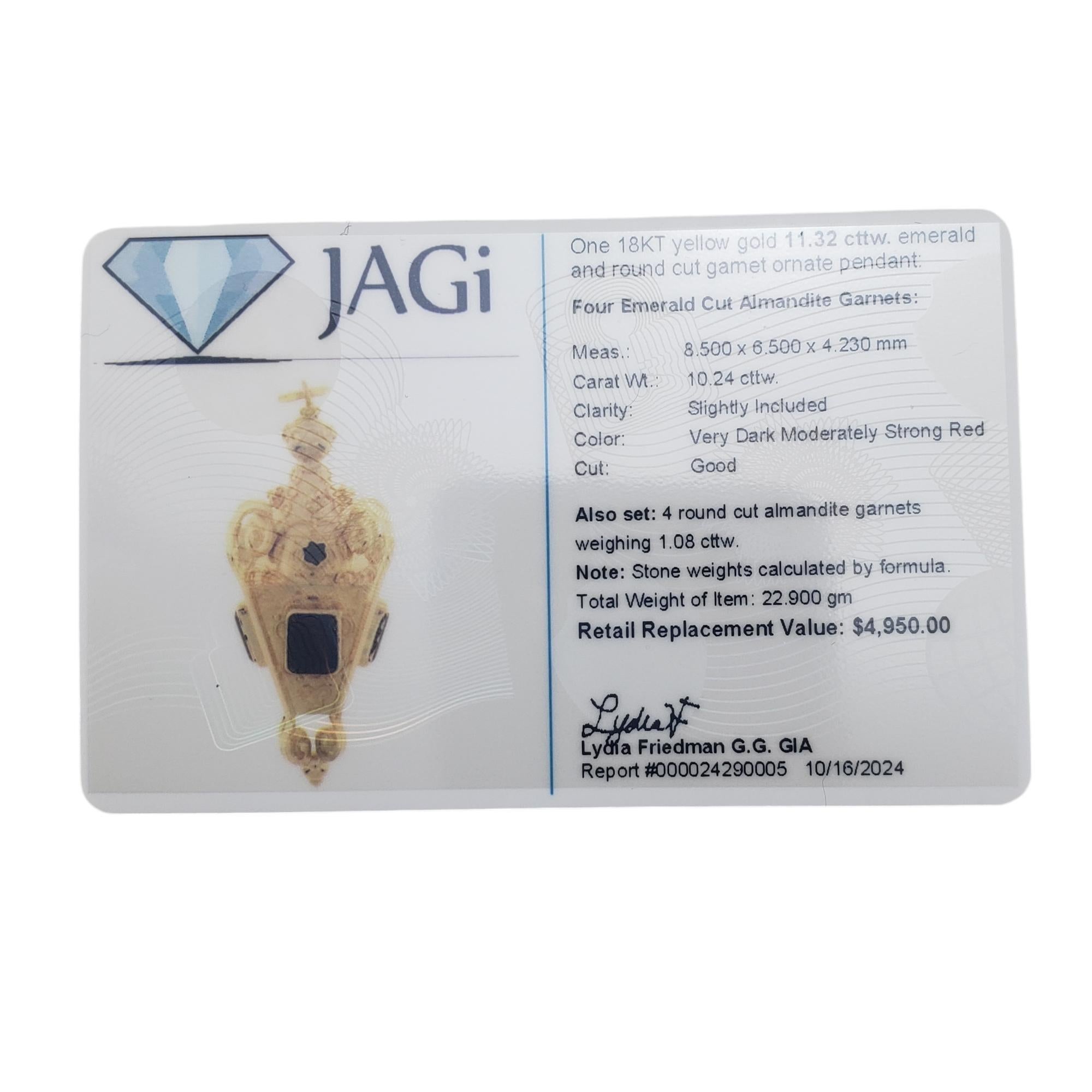 Pendentif en or jaune 18 carats orné d'émeraudes et de grenats #19516 en vente 1