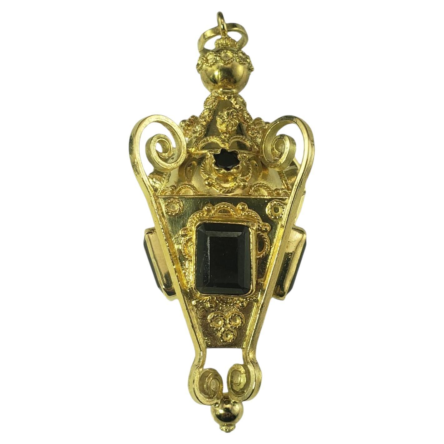 18 Karat Yellow Gold Emerald and Garnet Ornate Fob Pendant #19516