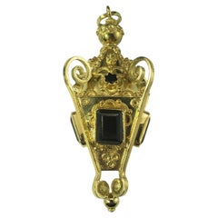18 Karat Yellow Gold Emerald and Garnet Ornate Fob Pendant #19516