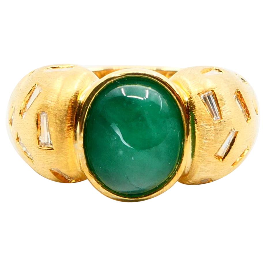 18 Karat Yellow Gold Emerald and Tapered Baguette Diamond Cocktail Ring For Sale